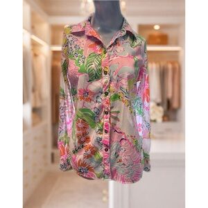 Lilly Pulitzer Nosey Posey floral button-up blouse, roll-tab sleeves, Small